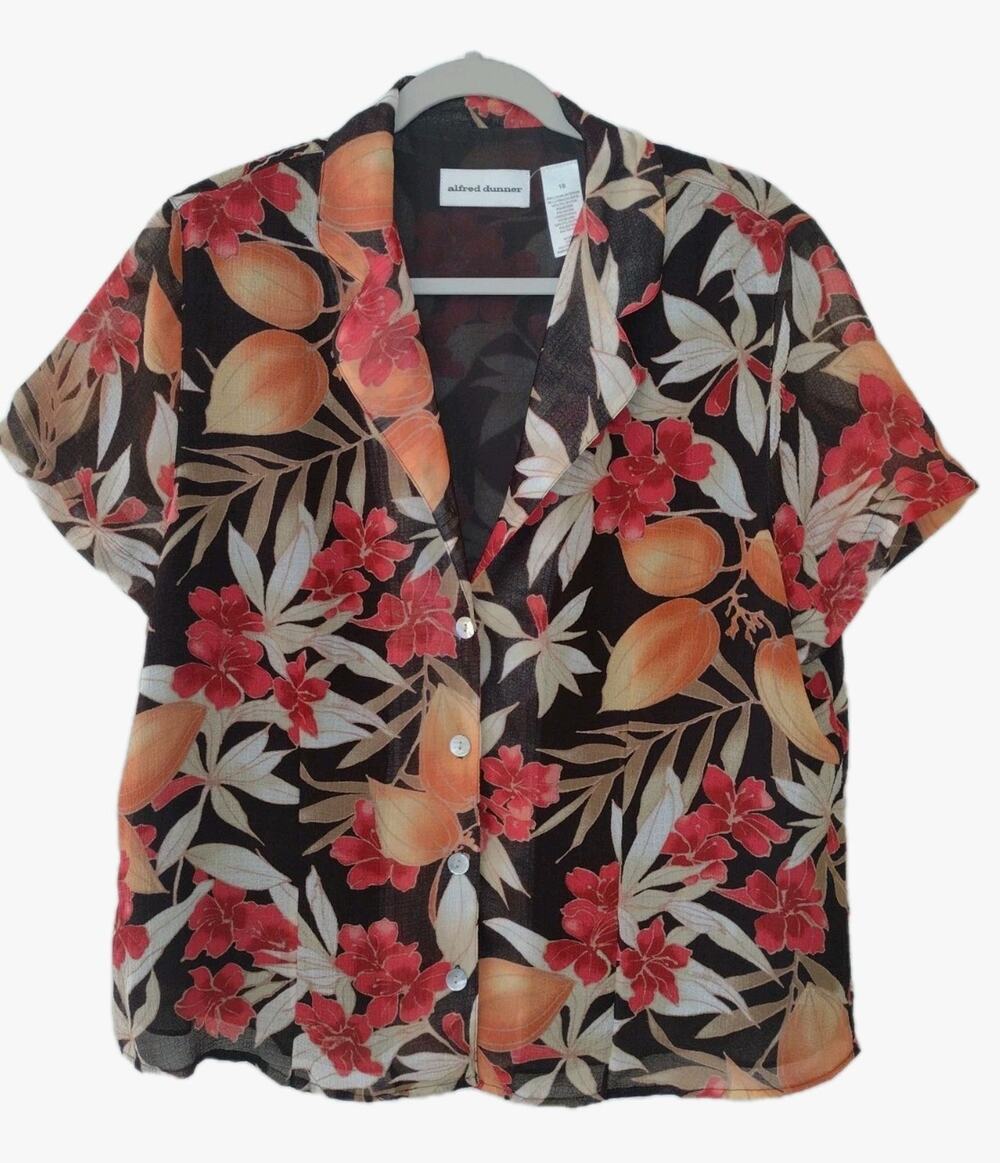 Alfred Dunner blouse floral short sleeve collar boho tropical fall Med (12-14)